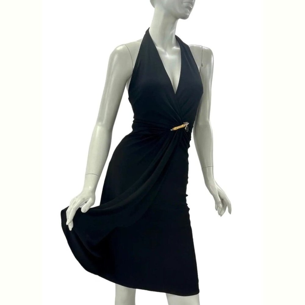 NWT 2006 Vintage Gucci Wrap Effect Black Dress Open Back and Bamboo Pin 38 US 2